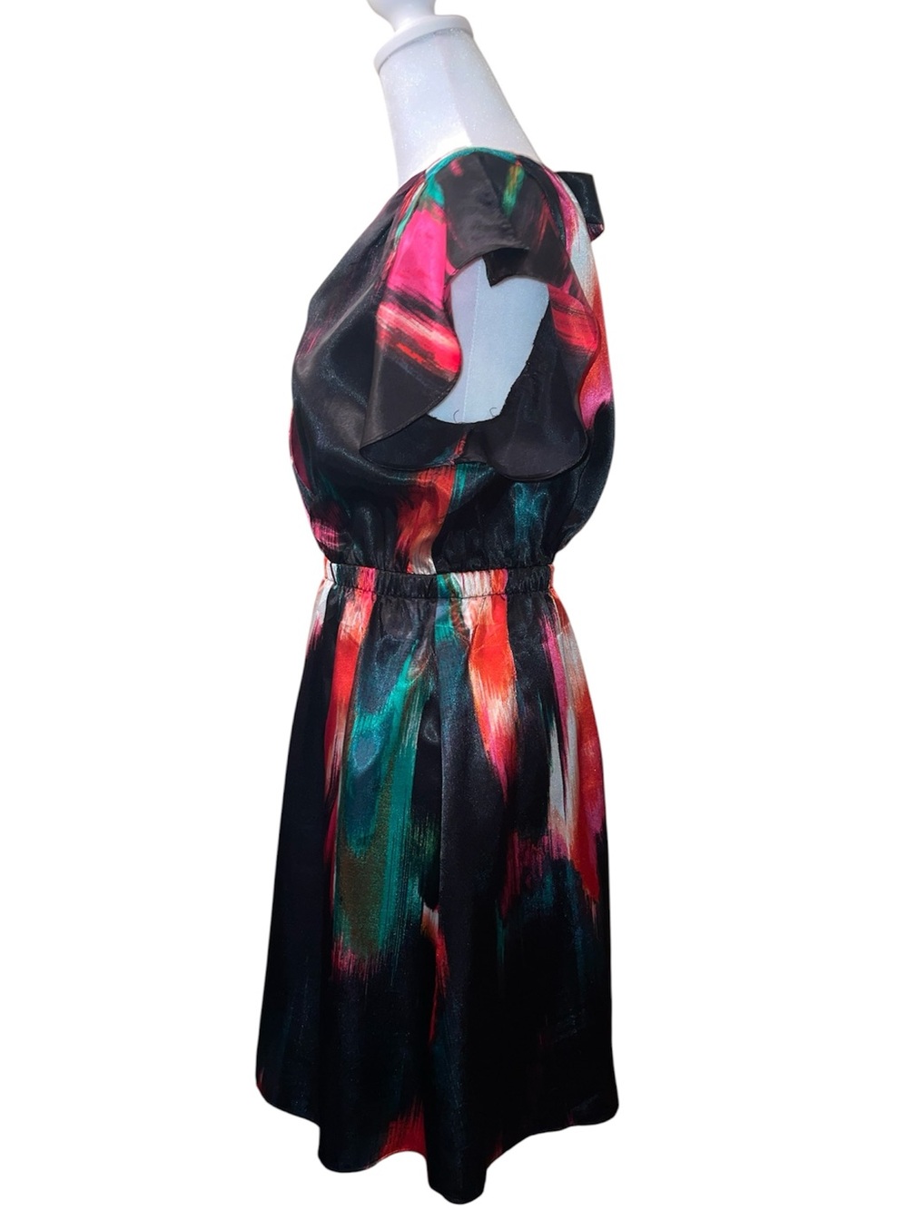 Charlotte Russe Black Multicolor Satin V-Neck Fit and Flare Party Dress Sz M - Picture 2 of 10